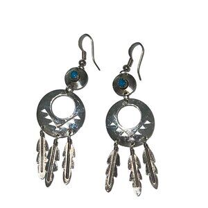 Vintage Womens Dangle Earrings Stamped Turquoise Feather Sterling Silver